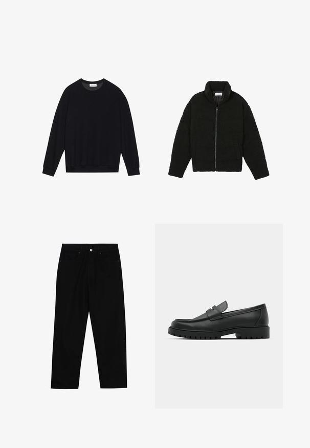 Čierna umelá kožušinová bunda s vysokým golierom, zipsom, elastickými manžetami a prešívaným dizajnom. Má bočné vrecká a jemnú textúru.; Čierna mikina s okrúhlym výstrihom z textúrovaného materiálu, s dlhými rukávmi a rebrovanými manžetami a spodným lemom. Jednoduchý dizajn bez ďalších vzorov alebo akcentov.; Čierne denimmové nohavice s rovný strihom, dizajnom s piatimi vreckami a upínaním na prednej strane. Hladká textúra s minimálnymi detailmi šitia.; Čierne kožené mokasíny s okrúhlou špičkou, s prešitým dizajnom, nízkou platformou a textúrovanou, zúbkovanou gumovou podrážkou.