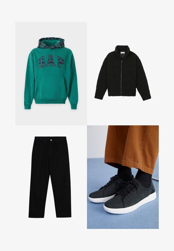 Juoda dirbtinė kailio striukė su aukštu apykakle, užtrauktuku, elastingomis rankovėmis ir siuvinėtu raštu. Su šoninėmis kišenėmis ir švelnia tekstūra.; Žalias džemperis su languotais kapučino, kuriame yra didelis "GAP" logotipas languotu raštu. Pridėta priekinė kišenė ir raibos rankogaliai.; Juoda džinsinė kelnė su tiesiu kirpimu, penkių kišenių dizainu ir priekiniais mygtukais. Lygus paviršius su minimaliu siuvimo detalėmis.; Juodi zomšiniai sneakeriai su baltais guminiais padais, su raištelių uždėjimo dizainu, tekstūruotais akcentais ir subtiliu prekių ženklu, derinami su rudomis kelnėmis.