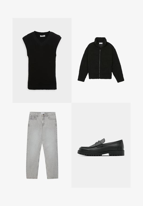 Chaqueta de pelaje sintético negro con cuello alto, cierre de cremallera, puños elásticos y un diseño acolchado. Cuenta con bolsillos laterales y una textura suave.; Chaleco de punto negro sin mangas con diseño de escote en V y textura de canalé, que presenta un dobladillo liso y sin adornos adicionales.; Pantalones de mezclilla gris claro con un diseño de pierna recta, estilo de cinco bolsillos y cierre de botón. Costuras visibles a lo largo de las costuras.; Mocasines de cuero negro con punta redonda, que cuentan con un diseño cosido, suela de plataforma baja y una suela de goma texturada y con tacos.