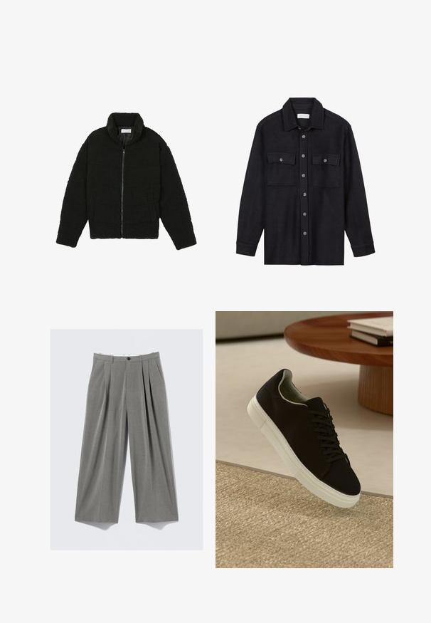 Veste en fausse fourrure noire avec un col haut, fermeture éclair, poignets élastiques et un design matelassé. Elle possède des poches latérales et une texture douce.; Veste chemise en laine noire avec un col, fermeture à boutons à l'avant, deux poches poitrine et manches longues. Texture douce, sans motifs visibles.; Pantalons de costume larges à rayures grises avec plis sur le devant, passants de ceinture, poches latérales et fermeture à bouton noir.; Baskets noires avec semelle blanche flottant au-dessus d'un tapis texturé beige, près d'une table en bois ronde avec des livres empilés.