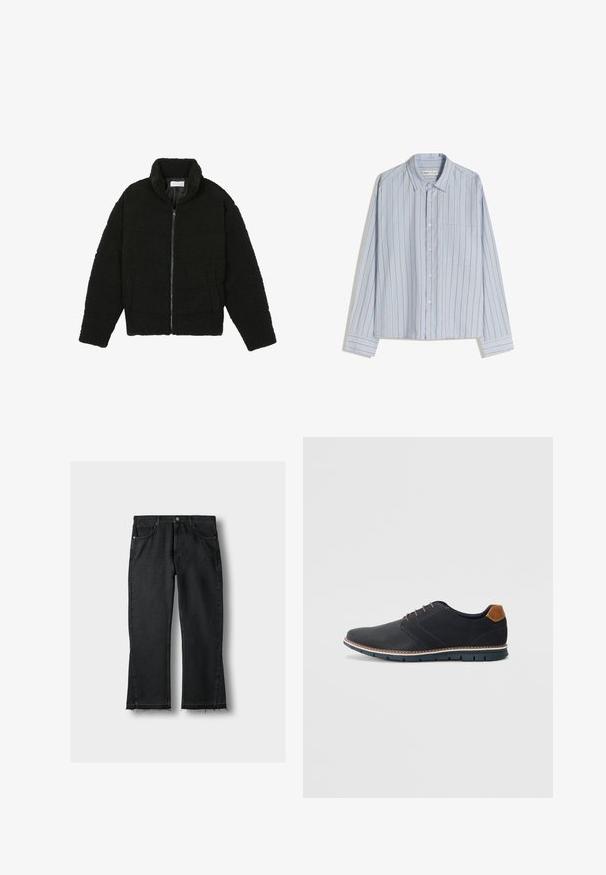 Crna jakna od umjetnog krzna s visokim ovratnikom, zatvaranjem na zip, elastičnim manžetama i kviltanim dizajnom. Sadrži bočne džepove i mekanu teksturu.; Svijetloplona košulja dugih rukava s uskim vertikalnim prugama u crvenoj boji. Ima ovratnik s dugmadi i jednu džepu na prsima. Pamuk.; Crne traperice od denima s ravnim krojem, s izribanim rubom, pet džepova i metalnim detaljima. Klasičan dizajn i čvrsta tekstura.; Crne sintetičke cipele s teksturiranim gornjim dijelom, glatkim akcentima, smešnim petom i kontrastnom potplatom. Imaju minimalne vezice i detalje šivanja.