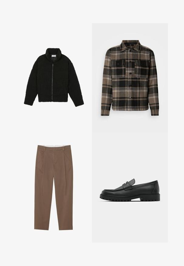 Schwarze Kunstpelzjacke mit hohem Kragen, Reißverschluss, elastischen Bündchen und gestepptem Design. Verfügt über seitliche Taschen und eine weiche Textur.; Braun- und schwarzkarierte Hemd aus weichem Stoff, mit Knopfleiste, zwei Brusttaschen und klassischem Kragen.; Braune maßgeschneiderte Hosen aus strukturiertem Stoff, mit Falten, Gürtelschlaufen und geradem Schnitt. Keine sichtbaren Hardware-Akzente.; Schwarze Lederloafer mit runder Zehenform, ausgestattet mit einem gesteppten Design, niedrigem Plattformsohle und einer strukturierten, genoppten Gummisohle.
