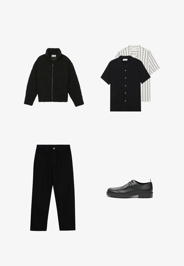 Must must karusnahast jakk kõrge kraega, lukuga sulgemine, elastsed varrukad ja tikandmuster. Omab küljetaskuid ja pehmet tekstuuri.; Kaks lühikeste varrukatega särki: üks ühtlane must, teine valge mustade vertikaalsete triipudega. Mõlemal on nööbiga kinnitamine ja klassikaline krae.; Mustadest denimist püksid, millel on sirge jalg, viie tasku disain ja eesnupuga sulgur. Sile tekstuur koos minimaalsete õmblustega.; Mustad musta nahast kingad sileda viimistlusega, ümarate varvastega ja dekoratiivse õmblusega. Omavad kummitalda koos haardevägede ja nöörimiskujundusega.