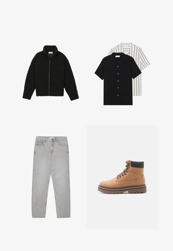 Zwarte faux fur jas met een hoge kraag, ritssluiting, elastische manchetten en een doorgestikt ontwerp. Beschikt over zijzakken en een zachte textuur.; Twee shirts met korte mouwen: één effen zwart, één wit met zwarte verticale strepen. Beide hebben knoopsluitingen en een klassieke kraag.; Lichtgrijze denimbroek met een recht model, vijfzakkenstijl en een knoopsluiting. Zichtbare stiksels langs de naden.; Tanskleurige wandelschoen met zwarte gevoerde kraag, metalen veterogen, brown veters en een dikke bruine profielzool op een witte achtergrond.