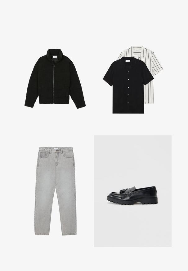 Schwarze Kunstpelzjacke mit hohem Kragen, Reißverschluss, elastischen Bündchen und gestepptem Design. Verfügt über seitliche Taschen und eine weiche Textur.; Zwei kurzärmelige Hemden: eines ganz schwarz, das andere weiß mit schwarzen vertikalen Streifen. Beide verfügen über Knopfverschlüsse und einen klassischen Kragen.; Helle graue Jeanshose mit gerade geschnittenem Design, Fünf-Taschen-Stil und Knopfverschluss. Sichtbare Nähte entlang der Seitennähte.; Schwarze Lederloafers mit glanzendem Finish, klobiger Gummisohle und dekorativem Quastendetail auf der Vorderseite.