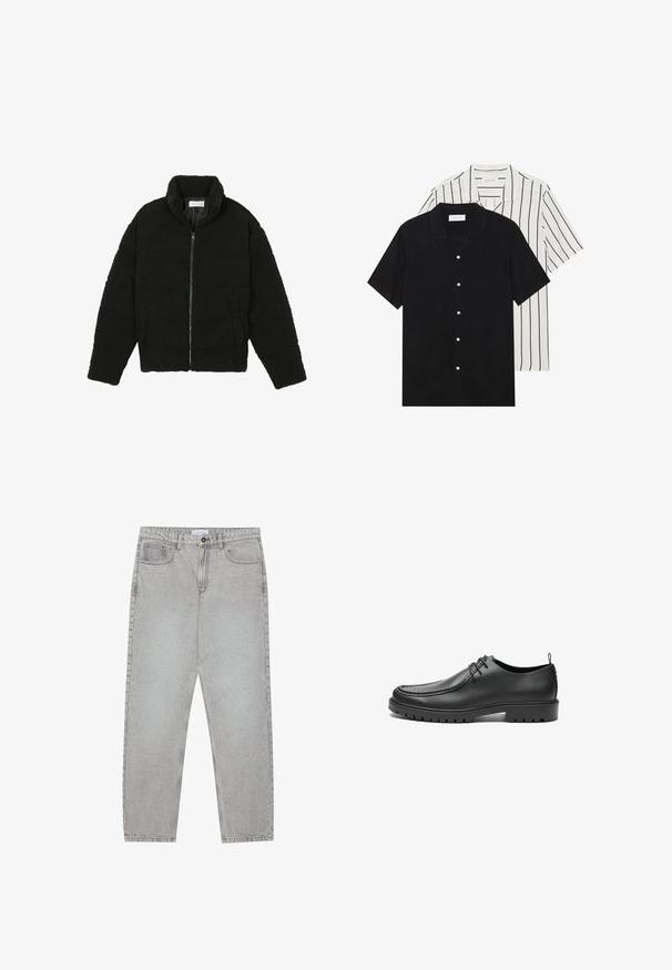 Black faux fur jacket with a high collar, zip closure, elastic cuffs, and a quilted design. Features side pockets and a soft texture.; Two short-sleeve shirts: one solid black, one white with black vertical stripes. Both feature button closures and a classic collar.; Light grey denim pants with a straight-leg design, five-pocket styling, and a button closure. Visible stitching along the seams.; Black leather shoes with a smooth finish, rounded toe, and decorative stitching. Features a rubber sole with traction grooves and a lace-up design.