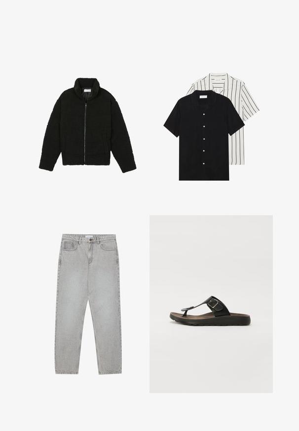 Must must karusnahast jakk kõrge kraega, lukuga sulgemine, elastsed varrukad ja tikandmuster. Omab küljetaskuid ja pehmet tekstuuri.; Kaks lühikeste varrukatega särki: üks ühtlane must, teine valge mustade vertikaalsete triipudega. Mõlemal on nööbiga kinnitamine ja klassikaline krae.; Heledad hallide denimpüksid otse säärekujundusega, viie-taskulise stiliseerimise ja nupukinnitusega. Nähtav õmblus kõrvuti.; Mustad mustikud sandaalid tekstureeritud pruunist tallast, millel on pandla aktsent ja paindlik must kummitald.