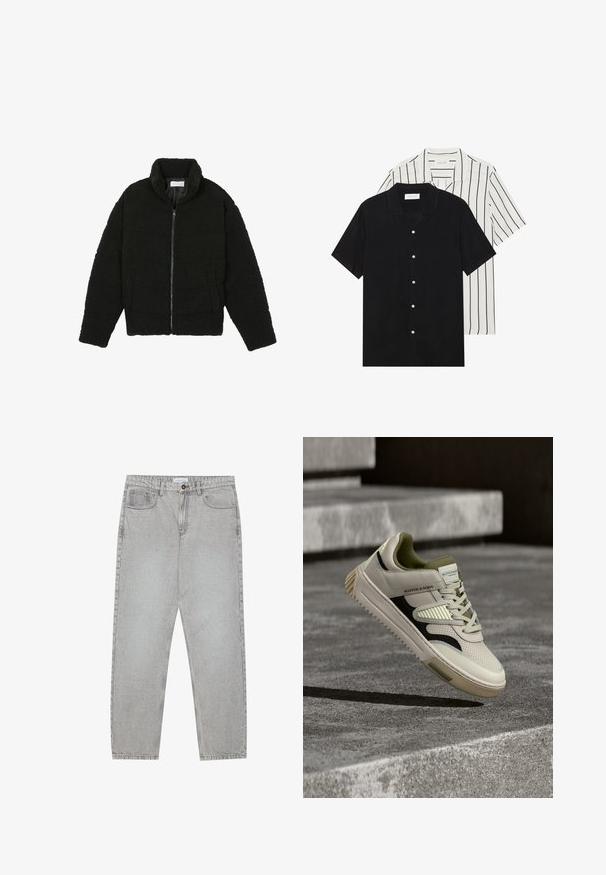 Melnā mākslīgā kažokādas jaka ar augstu apkakli, ar rāvējslēdzēju, elastīgām piedurknēm un kvadrātveida šuvēm. Iespējotas sānu kabatas un mīksta tekstūra.; Divi īsām piedurknēm krekli: viens pilnīgi melns, otrs balts ar melnām vertikālām svītrām. Abi ir aprīkoti ar pogu aizdari un klasisko apkakli.; Gai pelēko džinsu bikses ar taisnajām kājām, piecu kabatu stilu un pogu aizdari. Redzama šuvju apstrāde gar šuvēm.; Krēma krāsas mākslīgās ādas sneakers ar tumši zaļiem akcentiem, ar teksturētām paneļām, melnu sānu svītru un izturīgu gumijas zoli, pacelts virs betona virsmas.