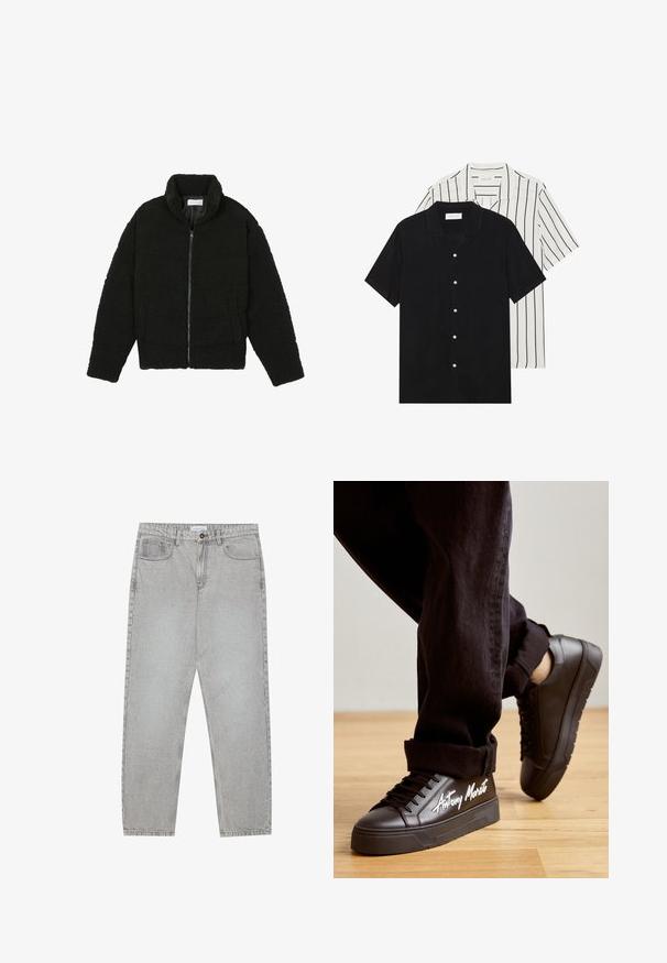 Fekete műszőrme dzseki magas gallérral, cipzáros záródással, rugalmas mandzsettákkal és steppelt mintázattal. Oldalsó zsebekkel rendelkezik, és puha tapintású.; Két rövid ujjú ing: az egyik egyszínű fekete, a másik fehér fekete függőleges csíkokkal. Mindkettő gombos záródással és klasszikus gallérral rendelkezik.; Világosszürke farmernadrág egyenes szabással, öt zsebes stílusban, gombos záródással. Látható varrások az illesztéseknél.; Fekete magas szárú sportcipők sima bőrfelülettel, vastag talppal és fehér "Antony Morato" felirattal az oldalukon. Fekete fűzők és díszítések.