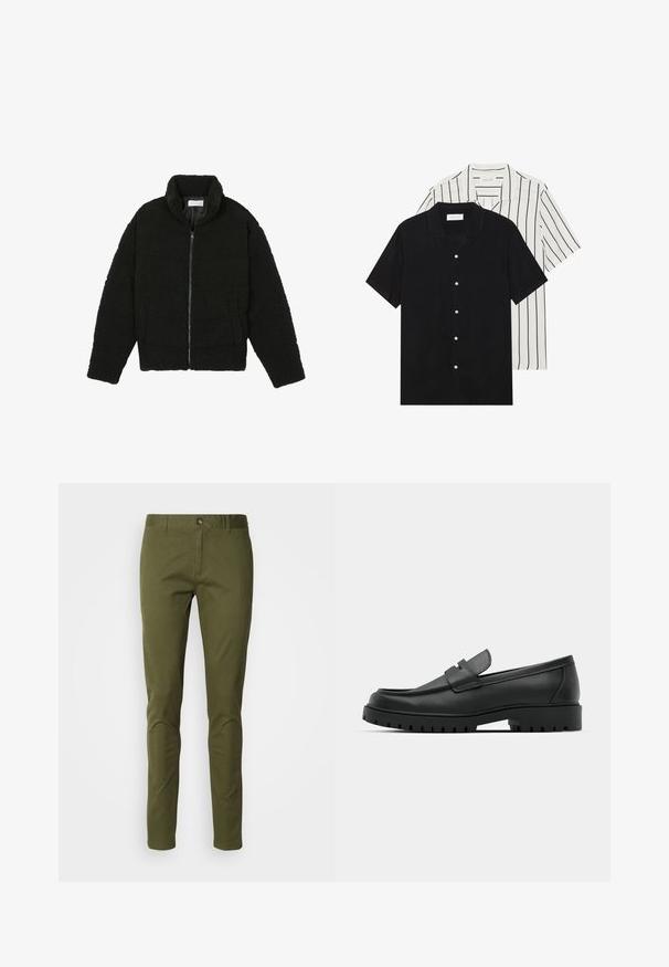 Chaqueta de pelaje sintético negro con cuello alto, cierre de cremallera, puños elásticos y un diseño acolchado. Cuenta con bolsillos laterales y una textura suave.; Dos camisetas de manga corta: una de color negro sólido y otra blanca con rayas verticales negras. Ambas tienen cierre de botones y un cuello clásico.; Chinos verde oliva hechos de una mezcla de algodón, con corte recto, cremallera en la bragueta y bolsillos frontales. Textura suave con detalles mínimos.; Mocasines de cuero negro con punta redonda, que cuentan con un diseño cosido, suela de plataforma baja y una suela de goma texturada y con tacos.