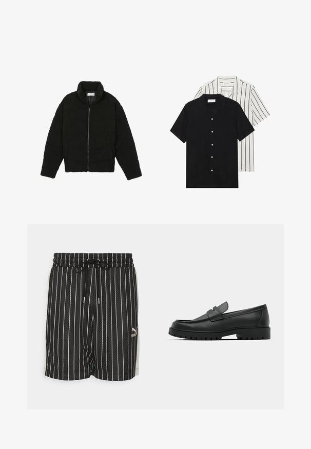Veste en fausse fourrure noire avec un col haut, fermeture éclair, poignets élastiques et un design matelassé. Elle possède des poches latérales et une texture douce.; Deux chemises à manches courtes : l'une noire unie, l'autre blanche avec des rayures verticales noires. Les deux ont des boutons et un col classique.; Shorts de sport rayés noir et blanc en tissu en maille, avec une taille élastique, un cordon de serrage et des poches latérales. Logo Puma sur le bas des shorts.; Mocassins en cuir noir à bout arrondi, avec un design cousu, une semelle plateforme basse et une semelle en caoutchouc texturée et crantée.