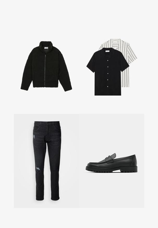 Jachetă din blană sintetică neagră, cu guler înalt, închidere cu fermoar, manșete elastice și un design matlasat. Dispune de buzunare laterale și o textură moale.; Două cămăși cu mânecă scurtă: una complet neagră, iar cealaltă albă cu dungi verticale negre. Ambele au închidere cu nasturi și un guler clasic.; Jeansi negri din denim cu o potrivire slim, având două buzunare frontale, un singur buzunar pe spate și detalii uzate pe genunchi.; Mocasini din piele neagră cu vârful rotunjit, având un design cusut, talpă joasă și o talpă din cauciuc texturat, cu crampoane.