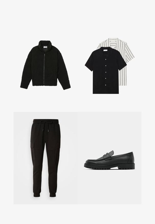 Schwarze Kunstpelzjacke mit hohem Kragen, Reißverschluss, elastischen Bündchen und gestepptem Design. Verfügt über seitliche Taschen und eine weiche Textur.; Zwei kurzärmelige Hemden: eines ganz schwarz, das andere weiß mit schwarzen vertikalen Streifen. Beide verfügen über Knopfverschlüsse und einen klassischen Kragen.; Schwarze Trainingshose mit einem elastischen Bund und Kordelzug. Verfügt über Cargo-Taschen an den Seiten und elastische Bündchen an den Knöcheln.; Schwarze Lederloafer mit runder Zehenform, ausgestattet mit einem gesteppten Design, niedrigem Plattformsohle und einer strukturierten, genoppten Gummisohle.