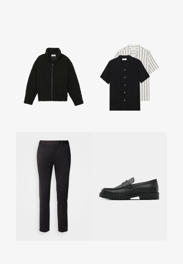 Casaco de pelo sintético preto com gola alta, fecho de zip, punhos elásticos e um design acolchoado. Apresenta bolsos laterais e uma textura suave.; Duas camisas de manga curta: uma preta sólida e uma branca com riscas verticais pretas. Ambas possuem fecho de botões e um colarinho clássico.; Calças pretas feitas de tecido liso, com um design de perna reta, fecho frontal com botão e passantes para cinto, exibidas sobre um fundo branco.; Sapatilhas de couro preto com bico arredondado, apresentando um design cosido, sola de plataforma baixa e um solado de borracha texturizado e com cravos.