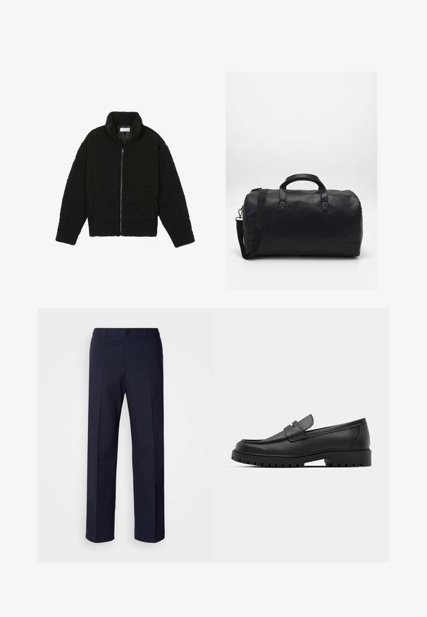 Črna jakna iz umetnega krzna z visokim ovratnikom, z zadrgo, elastičnimi manšetami in kviltanim dizajnom. Ima stranske žepke in mehak tekstur.; Dve majice s kratkimi rokavi: ena enobarvna črna, druga bela z črnimi navpičnimi črtami. Obe imata gumbaste zapenke in klasičen ovratnik.; Mornarsko modre hlače s ravnim krojem, izdelane iz gladkega materiala, s sprednjimi pregibi in enim gumbom za zapiranje.; Črne usnjene loafers čevlje z zaobljenim nosom, ki imajo šivano zasnovo, nizko platformo in teksturiran, profiliran gumijast podplat.; Črna torba za šport z teksturiranim sintetičnim materialom. Ima dve ročaji in nastavljiv ramenski trak. Preprost dizajn brez vidnih vzorcev.