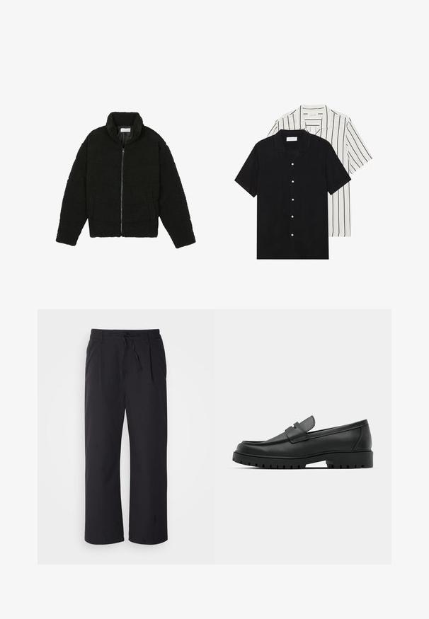 Černá umělá kožešinová bunda s vysokým límcem, zipovým uzávěrem, elastickými manžetami a prošívaným designem. Obsahuje postranní kapsy a jemnou texturu.; Dvě košile s krátkým rukávem: jedna jednobarevná černá, druhá bílá s černými vertikálními pruhy. Obě mají zapínání na knoflíky a klasický límeček.; Široké kalhoty z texturované černé látky s elastickým pasem na stažení, s dvěma předními kapsami a rovně střiženým designem.; Černé kožené mokasíny s kulatou špičkou, zdobené prošitím, s nízkou platformou a texturovanou gumovou podrážkou s drážkováním.