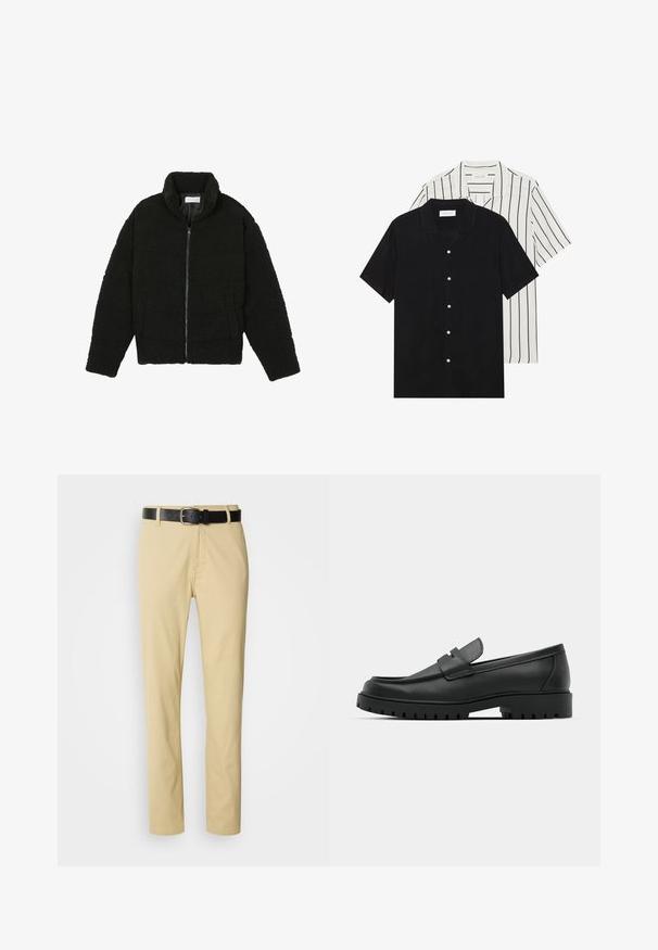 Casaco de pelo sintético preto com gola alta, fecho de zip, punhos elásticos e um design acolchoado. Apresenta bolsos laterais e uma textura suave.; Duas camisas de manga curta: uma preta sólida e uma branca com riscas verticais pretas. Ambas possuem fecho de botões e um colarinho clássico.; Calças de algodão bege com um design de perna reta, presas por um cinto de couro preto com uma fivela prateada.; Sapatilhas de couro preto com bico arredondado, apresentando um design cosido, sola de plataforma baixa e um solado de borracha texturizado e com cravos.