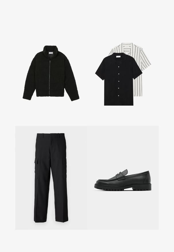 Casaco de pelo sintético preto com gola alta, fecho de zip, punhos elásticos e um design acolchoado. Apresenta bolsos laterais e uma textura suave.; Duas camisas de manga curta: uma preta sólida e uma branca com riscas verticais pretas. Ambas possuem fecho de botões e um colarinho clássico.; Calças cargo pretas feitas de um tecido resistente, com dois grandes bolsos laterais, design de perna reta e cintura padrão com passantes para cinto.; Sapatilhas de couro preto com bico arredondado, apresentando um design cosido, sola de plataforma baixa e um solado de borracha texturizado e com cravos.