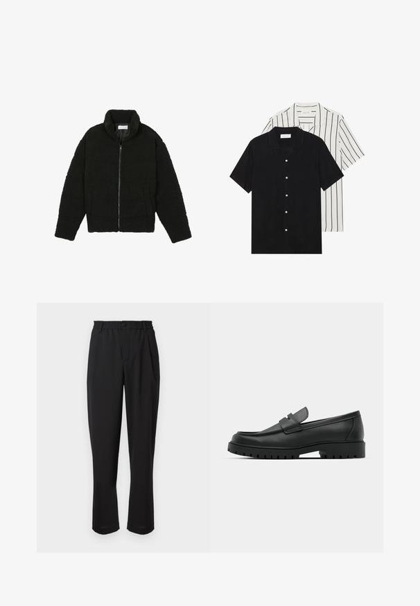 Črna jakna iz umetnega krzna z visokim ovratnikom, z zadrgo, elastičnimi manšetami in kviltanim dizajnom. Ima stranske žepke in mehak tekstur.; Dve majice s kratkimi rokavi: ena enobarvna črna, druga bela z črnimi navpičnimi črtami. Obe imata gumbaste zapenke in klasičen ovratnik.; Črne hlače z elastiko v pasu, z gumbom za zapiranje in ravnim krojem. Gladek material, brez vidnih vzorcev ali dodatkov.; Črne usnjene loafers čevlje z zaobljenim nosom, ki imajo šivano zasnovo, nizko platformo in teksturiran, profiliran gumijast podplat.