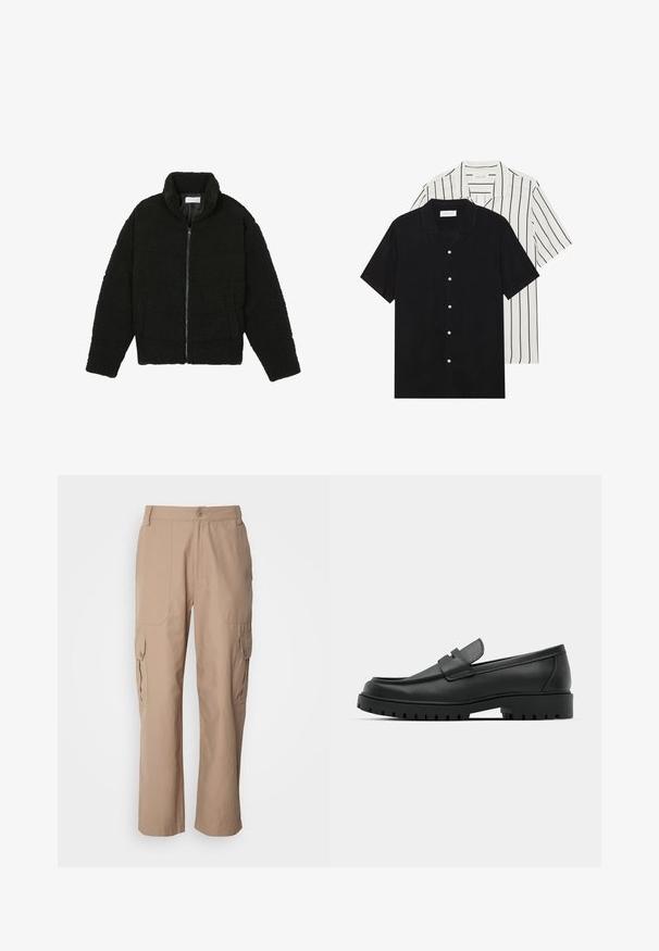 Juoda dirbtinė kailio striukė su aukštu apykakle, užtrauktuku, elastingomis rankovėmis ir siuvinėtu raštu. Su šoninėmis kišenėmis ir švelnia tekstūra.; Du šortais rankovėmis marškiniai: vieni visiškai juodi, kiti balti su juodomis vertikaliomis juostelėmis. Abu turi mygtukų užsegimus ir klasikinį apykaklę.; Šviesūs khaki spalvos kargo kelnės, pagamintos iš lengvos medžiagos, turinčios dvi šonines kišenes, mygtukų užsegimą ir tiesią kojų formą.; Juodi odiniai loaferiai su apvalia nosimi, su siuvinėtu dizainu, žemu platformos padu ir tekstūruotu, sukibimo raštu padu.