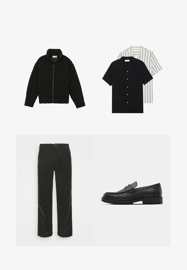 Črna jakna iz umetnega krzna z visokim ovratnikom, z zadrgo, elastičnimi manšetami in kviltanim dizajnom. Ima stranske žepke in mehak tekstur.; Dve majice s kratkimi rokavi: ena enobarvna črna, druga bela z črnimi navpičnimi črtami. Obe imata gumbaste zapenke in klasičen ovratnik.; Lindbergh WIDE FIT PANTS - Hlače - army; Črne usnjene loafers čevlje z zaobljenim nosom, ki imajo šivano zasnovo, nizko platformo in teksturiran, profiliran gumijast podplat.