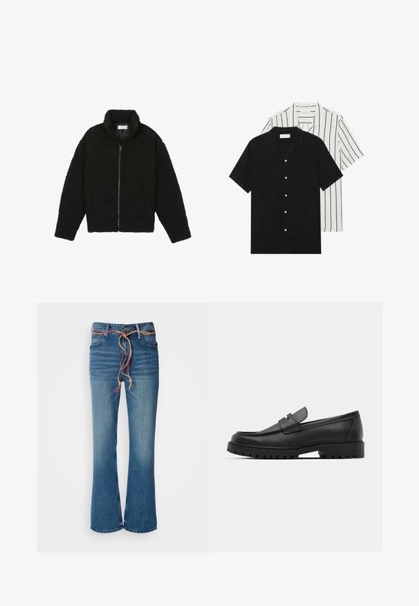 Veste en fausse fourrure noire avec un col haut, fermeture éclair, poignets élastiques et un design matelassé. Elle possède des poches latérales et une texture douce.; Deux chemises à manches courtes : l'une noire unie, l'autre blanche avec des rayures verticales noires. Les deux ont des boutons et un col classique.; Jean flare en denim bleu à taille haute, avec un cordon de serrage amovible beige et un léger dégradé sur les cuisses. Finition d'ourlet propre.; Mocassins en cuir noir à bout arrondi, avec un design cousu, une semelle plateforme basse et une semelle en caoutchouc texturée et crantée.