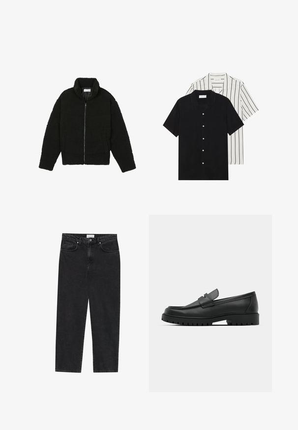 Chaqueta de pelaje sintético negro con cuello alto, cierre de cremallera, puños elásticos y un diseño acolchado. Cuenta con bolsillos laterales y una textura suave.; Dos camisetas de manga corta: una de color negro sólido y otra blanca con rayas verticales negras. Ambas tienen cierre de botones y un cuello clásico.; Jeans de mezclilla negra con un diseño de pierna recta, cinco bolsillos, cierre de botón y una textura de desgastado sutil. Presenta acentos de costura en las costuras.; Mocasines de cuero negro con punta redonda, que cuentan con un diseño cosido, suela de plataforma baja y una suela de goma texturada y con tacos.