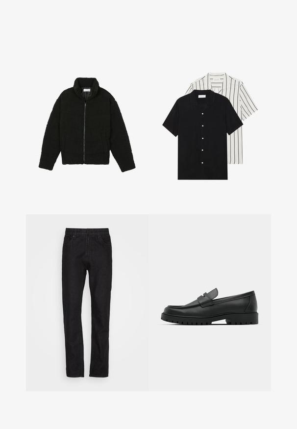 Black faux fur jacket with a high collar, zip closure, elastic cuffs, and a quilted design. Features side pockets and a soft texture.; Two short-sleeve shirts: one solid black, one white with black vertical stripes. Both feature button closures and a classic collar.; Black denim jeans with a straight leg design, five pockets, button and zipper closure, featuring a subtle textured finish.; Black leather loafers with a rounded toe, featuring a stitched design, low platform sole, and a textured, lugged rubber outsole.