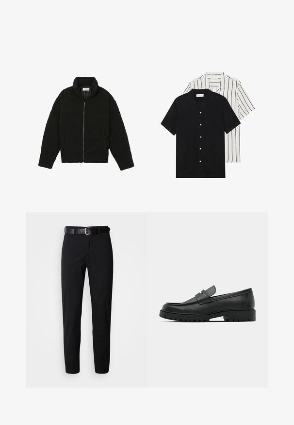 Melnā mākslīgā kažokādas jaka ar augstu apkakli, ar rāvējslēdzēju, elastīgām piedurknēm un kvadrātveida šuvēm. Iespējotas sānu kabatas un mīksta tekstūra.; Divi īsām piedurknēm krekli: viens pilnīgi melns, otrs balts ar melnām vertikālām svītrām. Abi ir aprīkoti ar pogu aizdari un klasisko apkakli.; Melnas bikses ar taisnu griezumu, ar gludu tekstūru un melnu ādas jostu ar sudraba sprādzi. Vienkāršs dizains, bez rakstiem vai akcentiem.; Melnas ādas loafers ar noapaļotu purngalu, ar izšūtu dizainu, zemu platformas zoli un teksturētu, rievotu gumijas ārējo zoli.