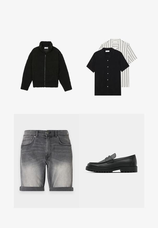Chaqueta de pelaje sintético negro con cuello alto, cierre de cremallera, puños elásticos y un diseño acolchado. Cuenta con bolsillos laterales y una textura suave.; Dos camisetas de manga corta: una de color negro sólido y otra blanca con rayas verticales negras. Ambas tienen cierre de botones y un cuello clásico.; Shorts de mezclilla en un negro deslavado con dobladillo enrollado, que cuenta con cinco bolsillos y un sutil efecto de desgaste en la parte frontal. Cierre clásico con botón.; Mocasines de cuero negro con punta redonda, que cuentan con un diseño cosido, suela de plataforma baja y una suela de goma texturada y con tacos.