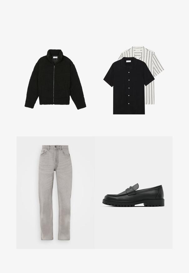 Μαύρη ψεύτικη γούνα τζάκετ με ψηλό γιακά, φερμουάρ, ελαστικούς καρπούς και σχεδίαση με κουβέρτα. Περιλαμβάνει πλαϊνές τσέπες και μαλακή υφή.; Δύο κοντομάνικα πουκάμισα: ένα εντελώς μαύρο και ένα λευκό με μαύρες κάθετες ρίγες. Και τα δύο διαθέτουν κλείσιμο με κουμπιά και κλασικό γιακά.; Γκρι τζιν παντελόνι με ίσια γραμμή, διαθέτει πέντε τσέπες, κλείσιμο με κουμπί και φερμουάρ, καθώς και διακριτικές φθορές σε όλη την επιφάνειά του.; Μαύρα δερμάτινα λουστρίνια με στρογγυλή μύτη, που διαθέτουν ραμμένο σχέδιο, χαμηλή πλατφόρμα και υφή με λαστιχένια σόλα με προεξοχές.