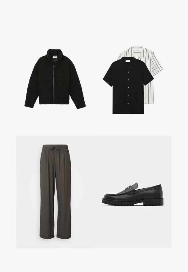 Svart fuskepelsjakke med høy krage, glidelås, elastiske mansjetter og quiltet design. Har sidelommer og en myk tekstur.; To korte ermer skjorter: en i ensfarget svart, en hvit med svarte vertikale striper. Begge har knappelukkinger og klassisk krage.; Mørkegrå vide bukser med snor i taljen, lavet af et blødt, struktureret stof, der har opsmøgede manchetter ved anklerne.; Sorte lærloafere med rund tå, med en syddesign, lav plattformsåle og en teksturert, ruggede gummisåle.