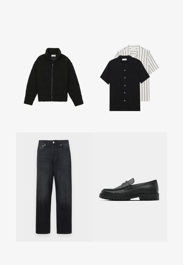 Black faux fur jacket with a high collar, zip closure, elastic cuffs, and a quilted design. Features side pockets and a soft texture.; Two short-sleeve shirts: one solid black, one white with black vertical stripes. Both feature button closures and a classic collar.; Black denim jeans featuring a straight leg cut, five-pocket design, metal button closure, and subtle fading on the fabric.; Black leather loafers with a rounded toe, featuring a stitched design, low platform sole, and a textured, lugged rubber outsole.