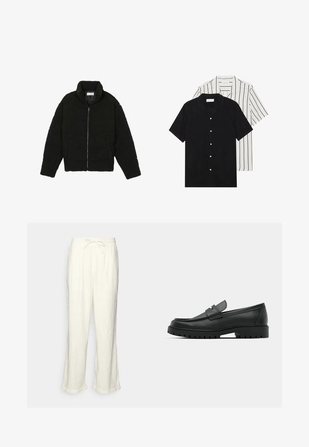 Must must karusnahast jakk kõrge kraega, lukuga sulgemine, elastsed varrukad ja tikandmuster. Omab küljetaskuid ja pehmet tekstuuri.; Kaks lühikeste varrukatega särki: üks ühtlane must, teine valge mustade vertikaalsete triipudega. Mõlemal on nööbiga kinnitamine ja klassikaline krae.; Lina püksid tühjas valges, millel on paelaga vöökoht, veidi laiemad sääred ja keeratud varrud mugavaks istumiseks. Taskud puuduvad.; Mustad musta nahast loafers, millel on ümar varvas, tikandiga disain, madal platvorm-soon ja tekstureeritud, soonikkummist välistald.