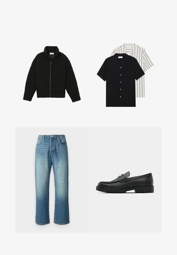 Chaqueta de pelaje sintético negro con cuello alto, cierre de cremallera, puños elásticos y un diseño acolchado. Cuenta con bolsillos laterales y una textura suave.; Dos camisetas de manga corta: una de color negro sólido y otra blanca con rayas verticales negras. Ambas tienen cierre de botones y un cuello clásico.; Jeans de mezclilla azul claro con pierna recta, cinco bolsillos, cierre frontal con botón y un leve desgastado en toda la tela.; Mocasines de cuero negro con punta redonda, que cuentan con un diseño cosido, suela de plataforma baja y una suela de goma texturada y con tacos.