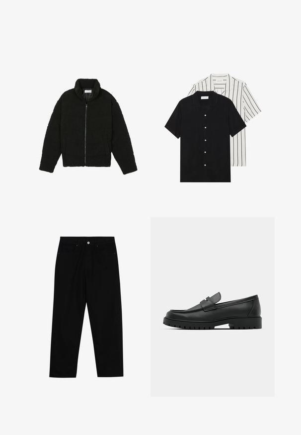 Chaqueta de pelaje sintético negro con cuello alto, cierre de cremallera, puños elásticos y un diseño acolchado. Cuenta con bolsillos laterales y una textura suave.; Dos camisetas de manga corta: una de color negro sólido y otra blanca con rayas verticales negras. Ambas tienen cierre de botones y un cuello clásico.; Pantalones de mezclilla negra con corte recto, diseño de cinco bolsillos y cierre frontal con botón. Textura suave con detalles de costura mínimos.; Mocasines de cuero negro con punta redonda, que cuentan con un diseño cosido, suela de plataforma baja y una suela de goma texturada y con tacos.