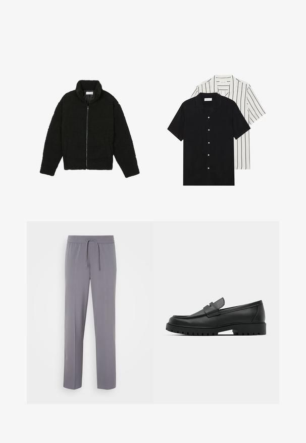 Melnā mākslīgā kažokādas jaka ar augstu apkakli, ar rāvējslēdzēju, elastīgām piedurknēm un kvadrātveida šuvēm. Iespējotas sānu kabatas un mīksta tekstūra.; Divi īsām piedurknēm krekli: viens pilnīgi melns, otrs balts ar melnām vertikālām svītrām. Abi ir aprīkoti ar pogu aizdari un klasisko apkakli.; Pelēki, stiepjami bikses ar taisnu priekšpusi, elastīgu jostu un auklu, ar taisnām kājām un gludu tekstūru.; Melnas ādas loafers ar noapaļotu purngalu, ar izšūtu dizainu, zemu platformas zoli un teksturētu, rievotu gumijas ārējo zoli.