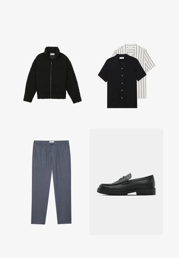 Black faux fur jacket with a high collar, zip closure, elastic cuffs, and a quilted design. Features side pockets and a soft texture.; Two short-sleeve shirts: one solid black, one white with black vertical stripes. Both feature button closures and a classic collar.; Gray, straight-leg pants featuring a drawstring waist and subtle texture. Fabric appears soft and comfortable, suitable for casual wear.; Black leather loafers with a rounded toe, featuring a stitched design, low platform sole, and a textured, lugged rubber outsole.