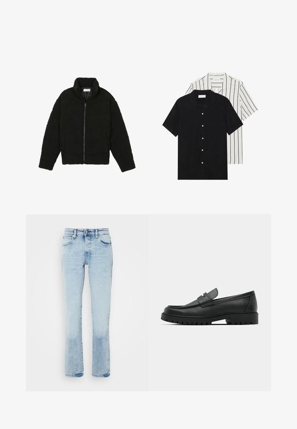 Musta tekokarvalehtijakku korkean kauluksen, vetoketjun, joustavat hihansuut ja tilkkutäkkikuvion. Sisältää sivutaskut ja pehmeän pinnan.; Kaksi lyhythihaista puseroa: yksi yhtenäinen musta, toinen valkoinen mustilla pystyraitoilla. Molemmissa on napitus ja klassinen kaulus.; Vaaleansinisiä farkkuja, joissa on suora lahkeidesign, viisitaskumalli, hentoa kulutusta ja hieman haalistunut pinta hemmoissa.; Musta nahkaloafers, joissa on pyöreä kärki, ommeltu pinta, matala alusta ja kuvioitu, kuminen ulkopohja.