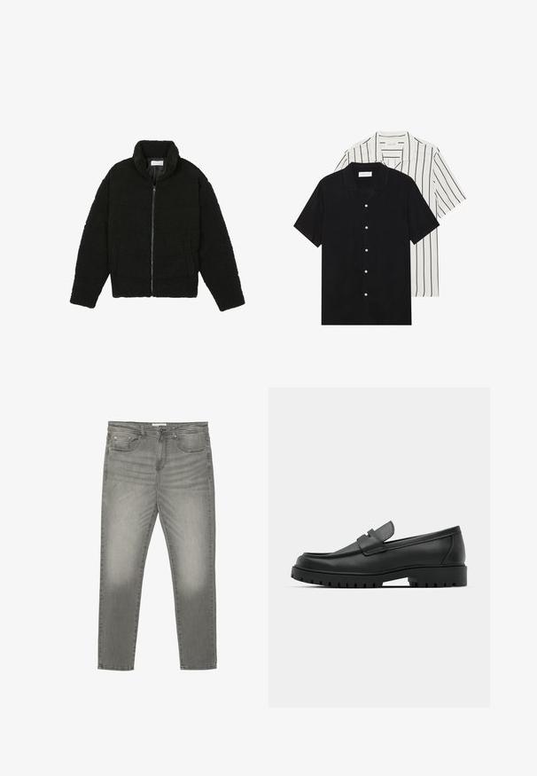 Crna jakna od umjetnog krzna s visokim ovratnikom, zatvaranjem na zip, elastičnim manžetama i kviltanim dizajnom. Sadrži bočne džepove i mekanu teksturu.; Dva kratka rukava košulje: jedna potpuno crna, a druga bijela s crnim okomitim prugama. Obje imaju dugmad i klasični ovratnik.; Sive traperice slim fit kroja, s pet džepova i laganim izbleđivanjem. Imaju zatvarač i petlje za remen.; Crne kožne mokasine s zaobljenim vrhom, s ušivenim dizajnom, niskom platformom i teksturiranim, gumenim potplatom s izbočinama.