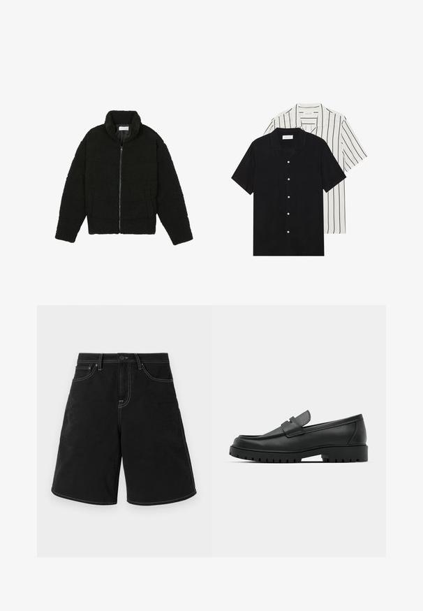 Black faux fur jacket with a high collar, zip closure, elastic cuffs, and a quilted design. Features side pockets and a soft texture.; Two short-sleeve shirts: one solid black, one white with black vertical stripes. Both feature button closures and a classic collar.; Black denim shorts with a straight cut, featuring contrasting white stitching, front pockets, and a button waistband. Smooth texture.; Black leather loafers with a rounded toe, featuring a stitched design, low platform sole, and a textured, lugged rubber outsole.