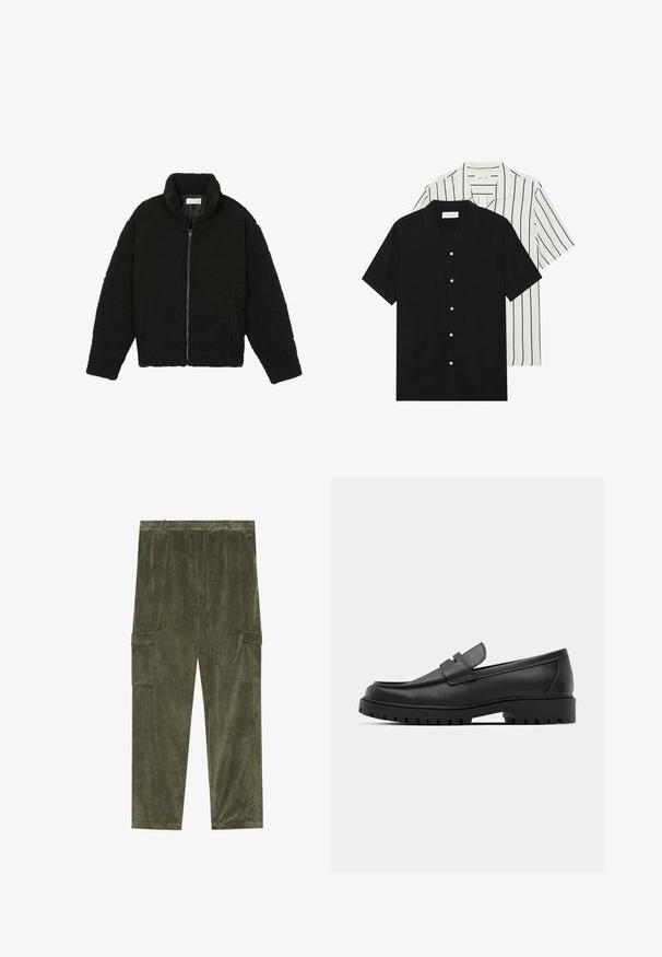 Schwarze Kunstpelzjacke mit hohem Kragen, Reißverschluss, elastischen Bündchen und gestepptem Design. Verfügt über seitliche Taschen und eine weiche Textur.; Zwei kurzärmelige Hemden: eines ganz schwarz, das andere weiß mit schwarzen vertikalen Streifen. Beide verfügen über Knopfverschlüsse und einen klassischen Kragen.; Olivgrüne Corduroy-Cargohosen mit vertikaler Rippstruktur, ausgestattet mit zwei seitlichen Taschen und einem elastischen Bund für zusätzlichen Komfort.; Schwarze Lederloafer mit runder Zehenform, ausgestattet mit einem gesteppten Design, niedrigem Plattformsohle und einer strukturierten, genoppten Gummisohle.