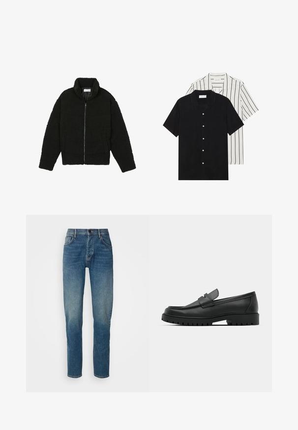 Juoda dirbtinė kailio striukė su aukštu apykakle, užtrauktuku, elastingomis rankovėmis ir siuvinėtu raštu. Su šoninėmis kišenėmis ir švelnia tekstūra.; Du šortais rankovėmis marškiniai: vieni visiškai juodi, kiti balti su juodomis vertikaliomis juostelėmis. Abu turi mygtukų užsegimus ir klasikinį apykaklę.; Denim džinsai vidutinio mėlynumo skalbimo, su tiesaus kirpimo dizainu, penkiomis kišenėmis, priekiniais užtrauktukais ir mygtuko uždarymu. Pasiblausdinta tekstūra ant šlaunų.; Juodi odiniai loaferiai su apvalia nosimi, su siuvinėtu dizainu, žemu platformos padu ir tekstūruotu, sukibimo raštu padu.