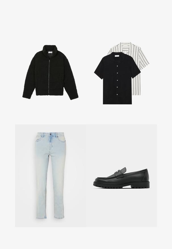 Chaqueta de pelaje sintético negro con cuello alto, cierre de cremallera, puños elásticos y un diseño acolchado. Cuenta con bolsillos laterales y una textura suave.; Dos camisetas de manga corta: una de color negro sólido y otra blanca con rayas verticales negras. Ambas tienen cierre de botones y un cuello clásico.; Jeans de mezclilla azul claro con un diseño de pierna recta, que presentan bolsillos frontales, cierre de botón y ligeros detalles de desgaste.; Mocasines de cuero negro con punta redonda, que cuentan con un diseño cosido, suela de plataforma baja y una suela de goma texturada y con tacos.