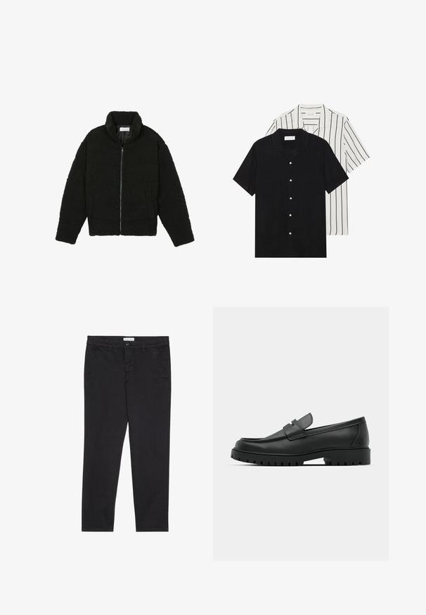 Black faux fur jacket with a high collar, zip closure, elastic cuffs, and a quilted design. Features side pockets and a soft texture.; Two short-sleeve shirts: one solid black, one white with black vertical stripes. Both feature button closures and a classic collar.; Black cotton trousers with a slim fit, featuring two side pockets and a front button closure. Textured fabric with subtle detailing.; Black leather loafers with a rounded toe, featuring a stitched design, low platform sole, and a textured, lugged rubber outsole.