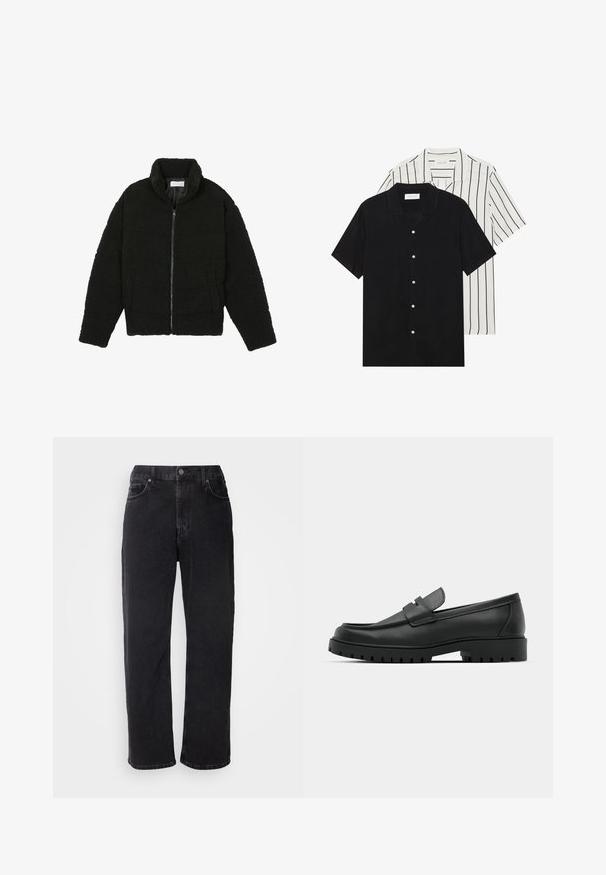 Czarna kurtka z faux futra z wysokim kołnierzem, zapięciem na zamek, elastycznymi mankietami i pikowanym wzorem. Posiada boczne kieszenie i miękką fakturę.; Dwie koszule z krótkim rękawem: jedna w solidnej czerni, druga biała w czarne pionowe paski. Obie mają zapięcie na guziki i klasyczny kołnierzyk.; Czarne dżinsy o prostym kroju, pięć kieszeni i kontrastowe szwy. Posiadają zapięcie na guzik oraz szlufki na pasek w talii.; Czarne skórzane mokasyny z zaokrąglonym noskiem, posiadające przeszywany wzór, niską platformę oraz teksturowaną, gumową podeszwę z bieżnikiem.