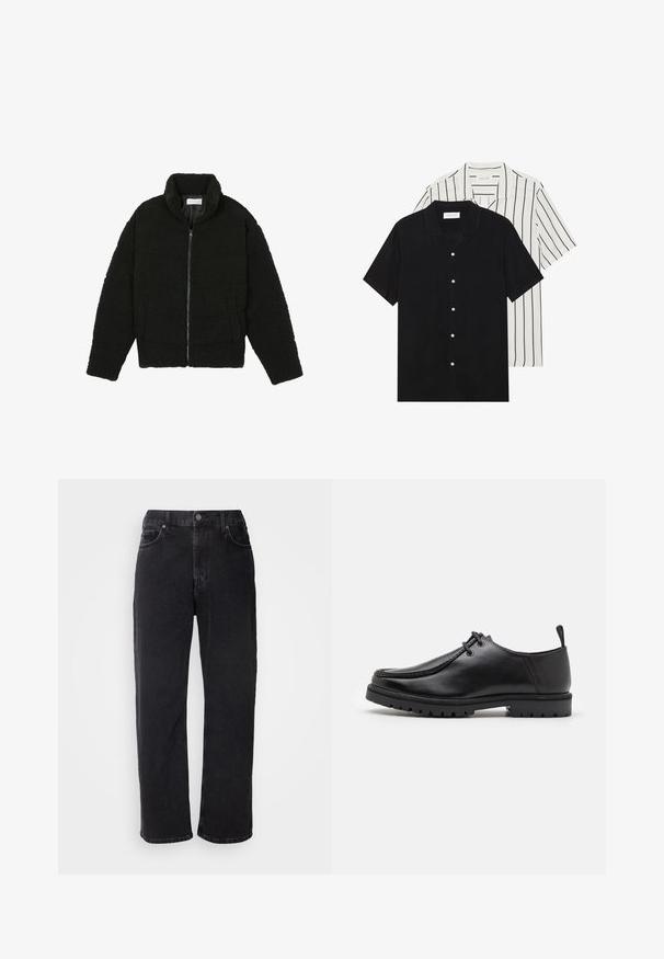 Veste en fausse fourrure noire avec un col haut, fermeture éclair, poignets élastiques et un design matelassé. Elle possède des poches latérales et une texture douce.; Deux chemises à manches courtes : l'une noire unie, l'autre blanche avec des rayures verticales noires. Les deux ont des boutons et un col classique.; Jean en denim noir avec une coupe droite, cinq poches et des coutures contrastantes. Présente une fermeture à bouton et des passants de ceinture au niveau de la taille.; Chaussure en cuir noir à lacets avec une semelle robuste et une languette au talon, montrée de côté sur un fond blanc.