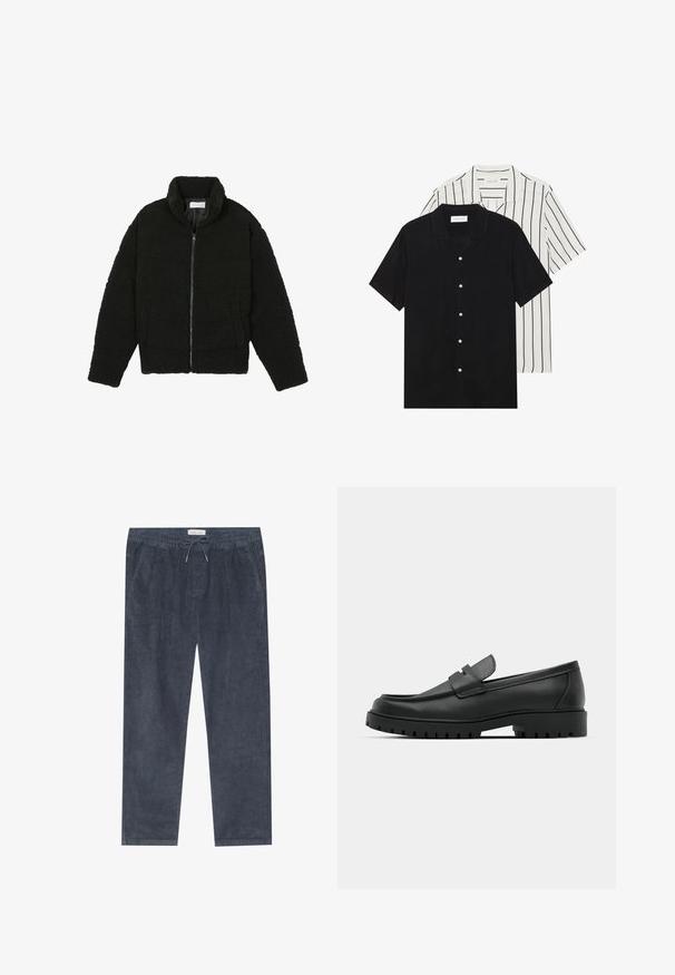 Black faux fur jacket with a high collar, zip closure, elastic cuffs, and a quilted design. Features side pockets and a soft texture.; Two short-sleeve shirts: one solid black, one white with black vertical stripes. Both feature button closures and a classic collar.; Navy corduroy pants with an elastic waistband and drawstring; features side pockets and vertical ribbed texture. Straight leg design.; Black leather loafers with a rounded toe, featuring a stitched design, low platform sole, and a textured, lugged rubber outsole.