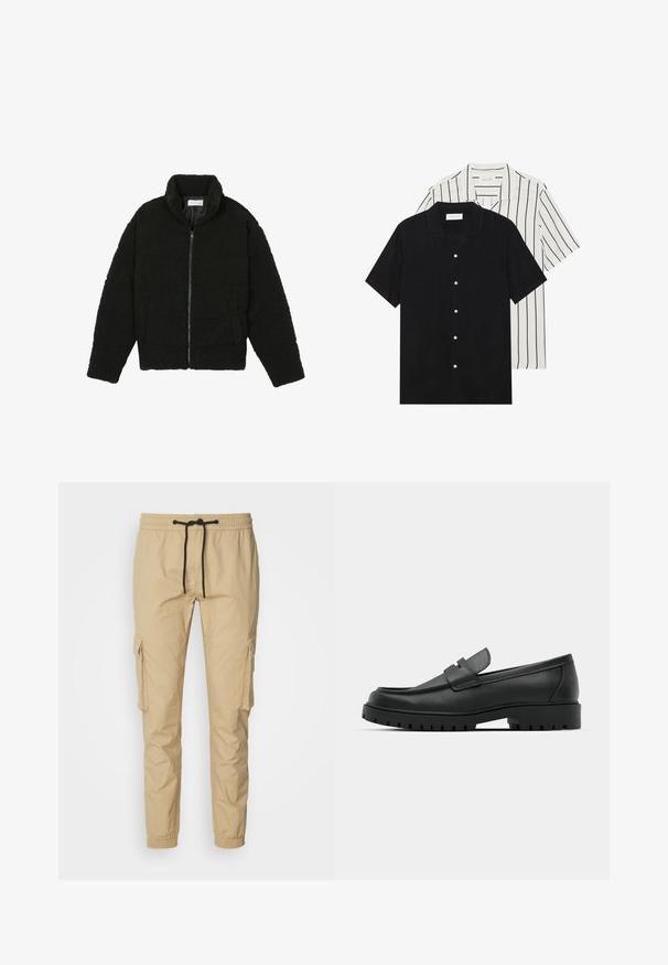 Schwarze Kunstpelzjacke mit hohem Kragen, Reißverschluss, elastischen Bündchen und gestepptem Design. Verfügt über seitliche Taschen und eine weiche Textur.; Zwei kurzärmelige Hemden: eines ganz schwarz, das andere weiß mit schwarzen vertikalen Streifen. Beide verfügen über Knopfverschlüsse und einen klassischen Kragen.; Calvin Klein Jeans WASHED - Cargohose - travertine; Schwarze Lederloafer mit runder Zehenform, ausgestattet mit einem gesteppten Design, niedrigem Plattformsohle und einer strukturierten, genoppten Gummisohle.