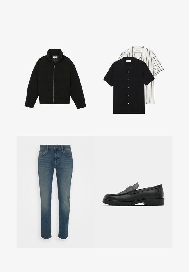 Must must karusnahast jakk kõrge kraega, lukuga sulgemine, elastsed varrukad ja tikandmuster. Omab küljetaskuid ja pehmet tekstuuri.; Kaks lühikeste varrukatega särki: üks ühtlane must, teine valge mustade vertikaalsete triipudega. Mõlemal on nööbiga kinnitamine ja klassikaline krae.; Tumedad sinised teksad kitsas lõikega, millel on nööbikäsi, viis taskut ja kergelt kulunud viimistlus. Valmistatud denimkangast.; Mustad musta nahast loafers, millel on ümar varvas, tikandiga disain, madal platvorm-soon ja tekstureeritud, soonikkummist välistald.